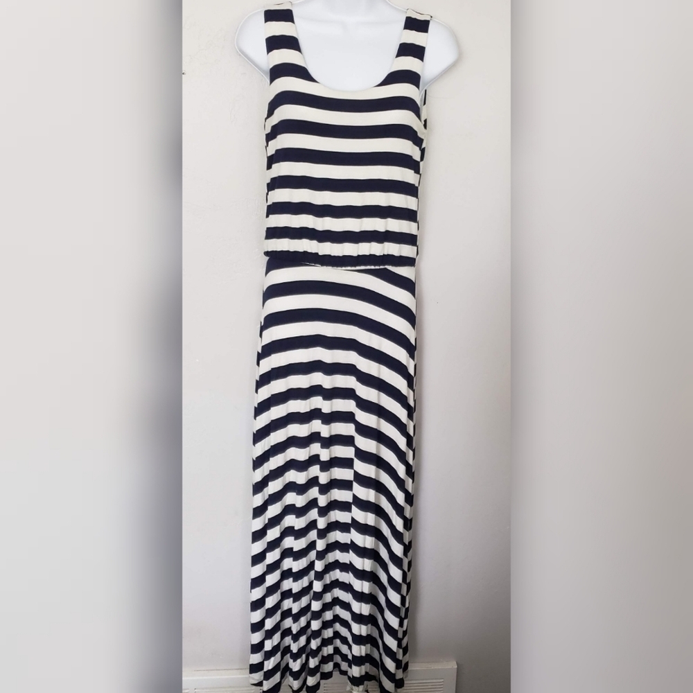 Renee C Medium Navy Blue White Striped Maxi Dress Sleeveless Tank Top Drop Waist